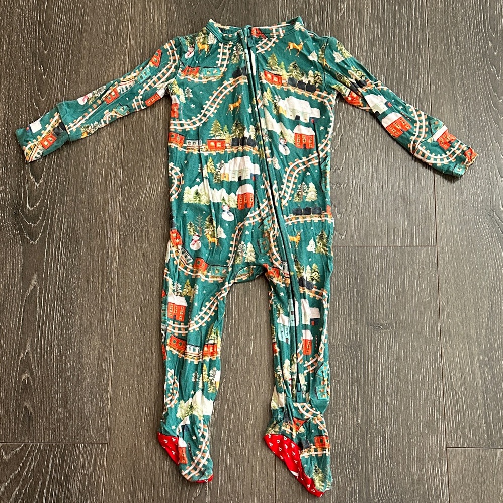 Posh Peanut Green Train Print Footie Pajamas